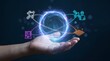 © fai  - Smart home automation concept with glowing digital house icons, hand holding futuristic residential technology interface, internet of things connectivity