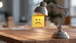 © lnsu - Workplace Mood Concept with Frowning Sticky Note and Vintage Lamp