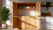 © Bandaro - Stylish Empty Wooden Cupboard with Open Double Doors Showcasing Minimalist Interior Design Elements