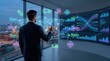 © Yi - Man in suit viewing large curved screen with logistics data charts and global supply chain network map featuring shipping containers, trucks, planes, AI chips