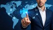 © Yi - Businessman touching virtual screen interface, global network icons surrounding human figures on world map background, representing international communication, teamwork