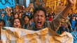 © Breezze - Diverse crowd of passionate people marching during a protest, holding weathered cardboard signs and banners in a warm golden city street for social activism