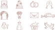 © Danial - Elegant wedding line icon set featuring romantic vectors of rings, cake, dress, champagne glasses, camera, bouquet, and decorative love elements