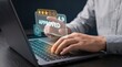© ParinApril - Approved Rating Interface Floats Above Laptop Beside Businessman Touching Screen to Display Star Rating, Show Approval Status, Confirm Review Score, Track Settings Gear, and Ensure Quality
