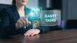 © ParinApril - Gantt Task Calendar Interface Floats Above Office Desk to Display Schedule Icons, Verify Completion Checkmarks, Organize Project Milestones, Track Deadlines, and Coordinate Workflow