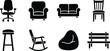 © Emongrapic - Various furniture icons illustrating office chair lounge armchair sofa dining chair stool rocker beanbag bench.