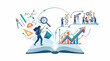 © lihai - A colorful illustration of a woman emerging from an open book surrounded by various scientific and educational symbols