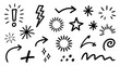 ©     - Crayon drawn attention symbols and doodle emphasis marks collection, hand drawn sparkle bursts, comic rays, sketch highlight signs, manga starburst shapes, vector illustration eps 10.