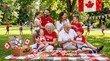 © abuzar - Canada Day family picnic in park with grandparents, parents, and children enjoying food, laughter, and patriotic decorations