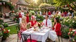 © abuzar - Canada Day garden tea party with friends enjoying pastries, flowers, and festive red‑white decorations in sunny outdoor setting