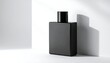 © rendang - A stark, minimalist composition features a matte black, rectangular fragrance bottle against a bright, angular white backdrop. Light and shadow interplay