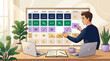 ©  CozyVisionary - Young man planning his weekly schedule on a wall calendar in a cozy office. Vector illustration of productivity, time management, and organized work-life balance for business apps.