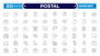 © artshuvo - Postal Outline icon set. Mail and Electronic Message Icon Set with Envelope, Inbox, Send, Receive, Notification, Contact, and Communication Symbols for Web, App, Business. Editable stroke outline icon