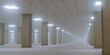 © Celt Studio - Mysterious endless empty office space filled with thick fog concrete pillars dim fluorescent lights creating eerie liminal backrooms horror atmosphere 3d illustration