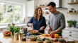 © Николай Срибяник - Happy couple cooking fresh vegetables together in modern home kitchen.