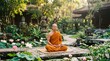 © Николай Срибяник - Asian Buddhist monk meditating in lotus garden with stone statue and temple background.