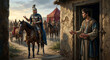 © WealthyMinion - Bible, A dramatic, low-key digital painting depicting Elisha’s servant standing at the threshold of the prophet’s modest home, relaying the instructions to the impatient Naaman.