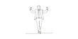 © Line Art - A minimalist line drawing of a man in business attire walking with arms raised in a celebratory gesture on white background