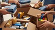© Angavlan - Community volunteers sorting supplies into donation boxes for families in need, including clothes and food items. Active seniors contribute compassionately,