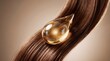 © Nusrat - Crystal clear golden oil drop resting on wavy strands of healthy brown hair beauty care concept product advertisement illustration luxury cosmetics nourishing treatment shiny texture.