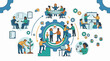 © qest - A diverse group of people interacting in various business settings with a large gear