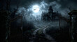© mdamirhossan - Spooky haunted house silhouette under a glowing full moon in a dark night forest with flying bats in the sky