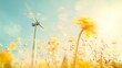 © amir - Double exposure of a wind turbine in a sunny rural field with yellow flowers, featuring bright light and glowing renewable energy conceptual icons against a clear blue sky.