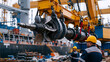 © Maksym Tereshchenko - Shipyard gantry crane lifts propeller shaft assembly above partially completed bulk carrier in dry dock, marine engineers monitoring lift on ground below, vessel construction heavy lift rigging harb
