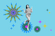 © deagreez - Collage of joyful fashion model in retro colorful bohemian patterns background evoking vintage style artistic flair