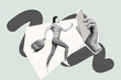 © deagreez - Trendy art creative full zine photo collage of happy girl guy stand phone hand hold screen notification donation feedback media