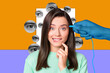 © deagreez - Art image creative photo collage of happy girl stand eyeball stare psychedelic aux cable brainwash hand control manipulation