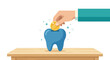 © Bayu Ramadhan - Businessman hand putting gold coin in blue tooth piggy bank for dental insurance savings flat vector illustration.