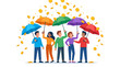 © Galih Putra - Multicultural team with colorful umbrellas catching falling gold coins for wealth insurance flat design vector