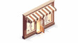 © VectorForge Studio  - Isometric semi-3D render of a storefront with an awning and an open door, showcasing a retail shop
