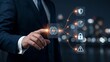 © NK - Businessman touching glowing AI brain icon connected to shield, radar, padlock and warning, artificial intelligence cyber security, data protection and risk management concept