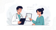 © Mina - Doctor and patient reviewing checklist on clipboard, modern flat illustration style, medical consultation concept