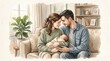 © pixelcity - Tender young parents holding their newborn baby in a cozy living room watercolor painting style illustration of a happy family bonding on a comfortable sofa couch