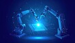 © hinata - Futuristic blue robotic arms with glowing details manipulate a radiant microchip on an abstract digital network background symbolizing AI and automation.