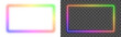 © LionStudio - Rainbow color gradient neon glow rectangular frame isolated on PNG transparent background. Futuristic light glowing shining outline border for banners, modern designs, video. Vector illustration.