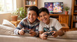 © AIMIN - Video Game Day Latino brothers playing cooperative multiplayer games together laughing with joy at home for entertainment technology youth culture gaming friendship bonding diversity content