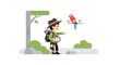 © Syifa - A young explorer with a backpack and compass points toward a vibrant parrot perched on a branch in a minimalist nature landscape.