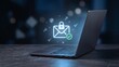 © NK - Laptop with glowing secure email envelope, padlock, shield and key icons, email security, encrypted message, data protection and secure online communication technology concept