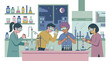 © Rizal - Diverse students conducting chemistry experiment at night in laboratory illustration