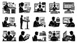 © Khoirul - Business and finance icons: men and women working on computers, office desk, charts