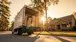 © design goodie - Moving truck full of cardboard boxes parked at a suburban home during sunset.