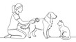 © tanuzz - Continuous line drawing of a woman grooming a dog and cat.