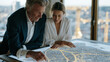 © forenna - City planner and an urban engineer leaning over a glowing digital table projecting a three-dimensional neighborhood model, AI-generated traffic flow overlays shifting in real