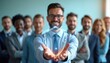 © Viktor - Man holds glowing shield protecting group of diverse professionals. Team looks forward with confidence. Business concept for security, safety, and support.