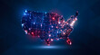 © Naphatson - Digital USA Map with Glowing Red and Blue Network Lights. Futuristic Technology, Data Connectivity and Communication Background.