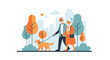 © Rossa - Senior Couple Walking Dog in City Park Flat Vector Illustration. Elderly Man and Woman Strolling with Golden Retriever. Healthy Active Lifestyle Concept.